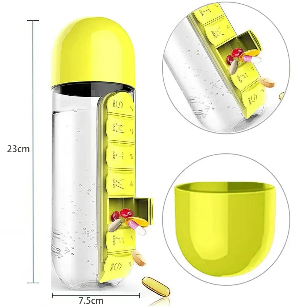 600ml Portable 7Day Water Bottle Pill Box For Office Outdoor Travel