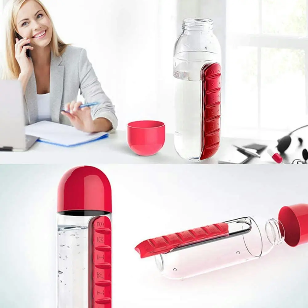 600ml Portable 7Day Water Bottle Pill Box For Office Outdoor Travel