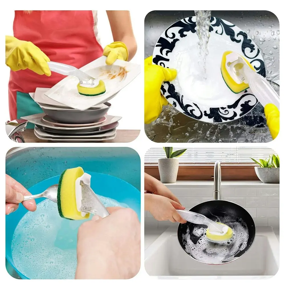 Dishwashing Sponge Handle Dish Wand With 6 Replacement Sponge Heads Set