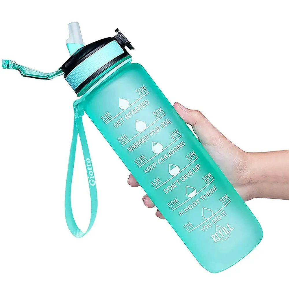 1L Water Bottle Motivational Drink Flask with Time Markings BPA Free Sport Gym