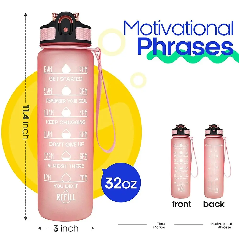 1L Water Bottle Motivational Drink Flask with Time Markings BPA Free Sport Gym