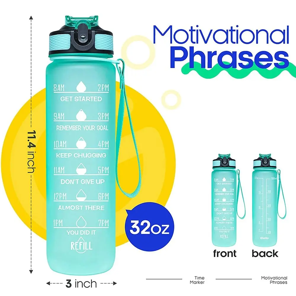 1L Water Bottle Motivational Drink Flask with Time Markings BPA Free Sport Gym