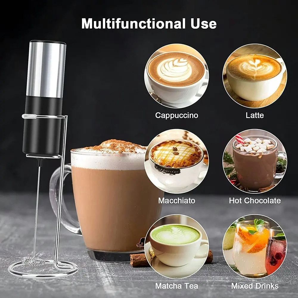 Handheld Electric Milk Frother With Stand Battery Operated Foam Maker Mini Mixer