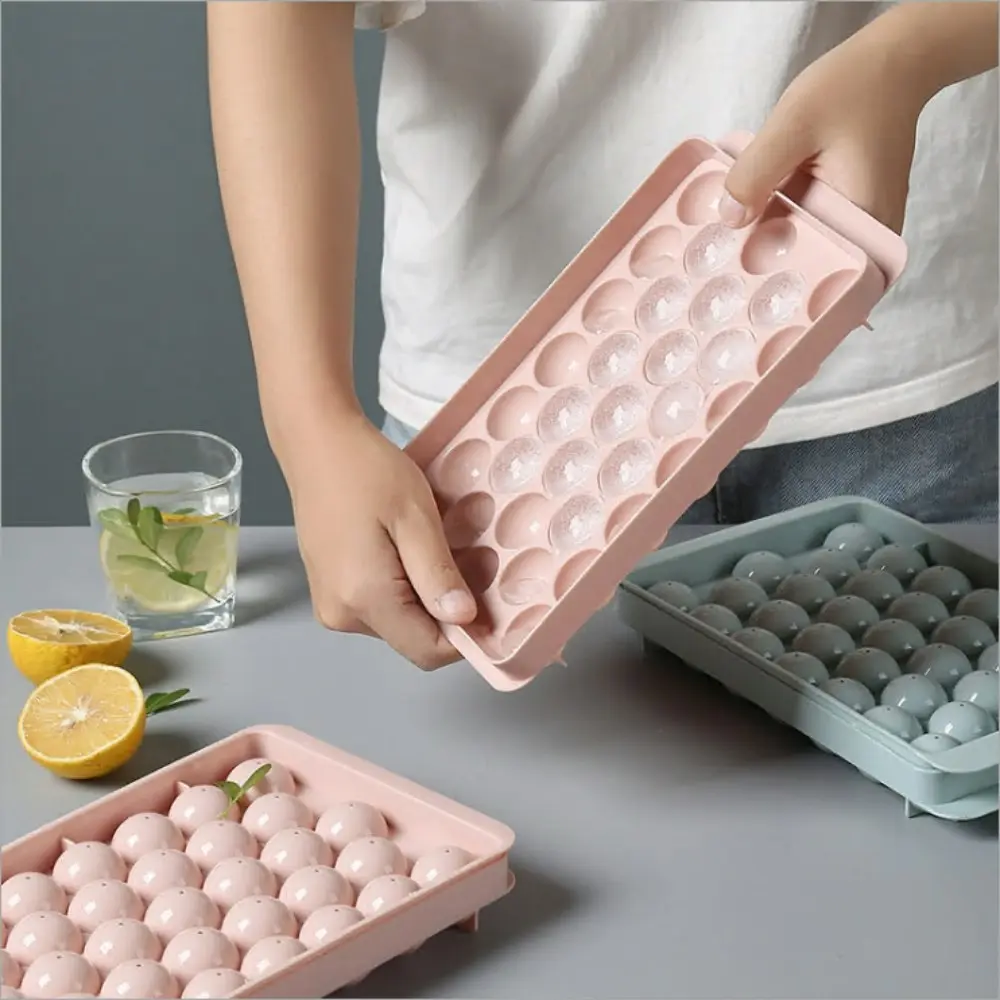 2 pack reusable ball ice cube trays with cover for cocktails&bourbon(blue+pink)