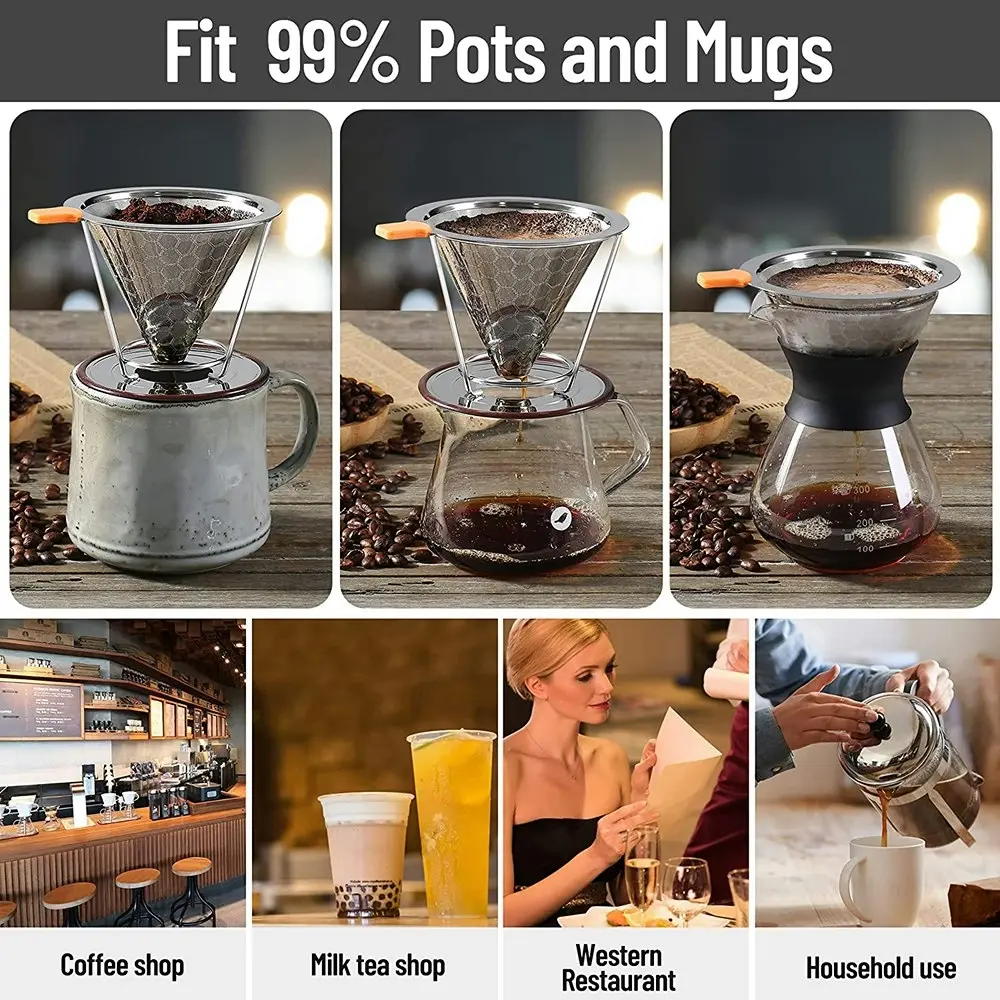 Pour Over Coffee Dripper Stainless Steel Cone Coffee Filter with Holder