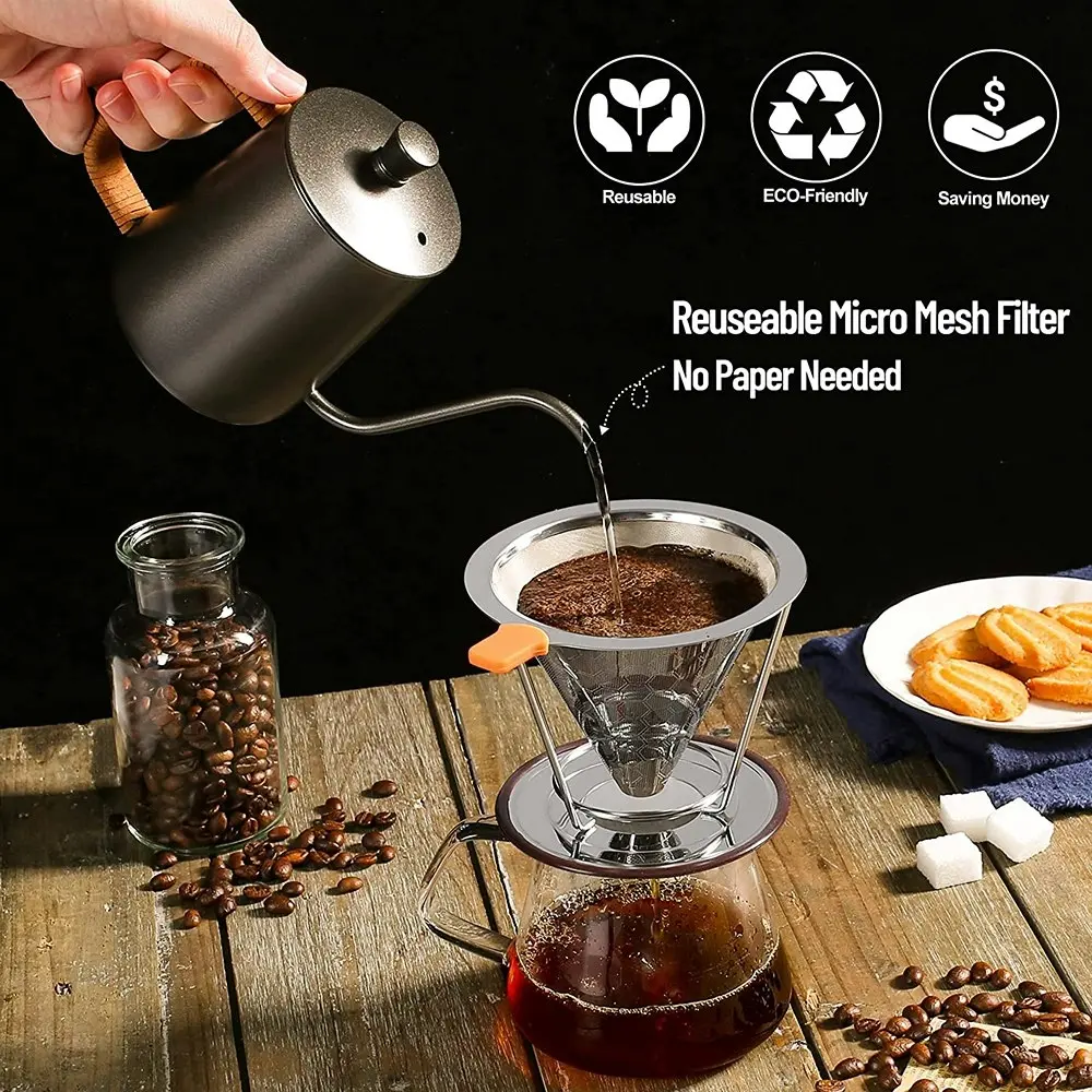 Pour Over Coffee Dripper Stainless Steel Cone Coffee Filter with Holder