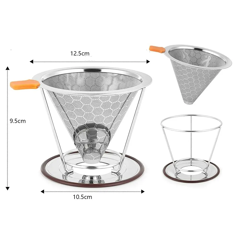 Pour Over Coffee Dripper Stainless Steel Cone Coffee Filter with Holder