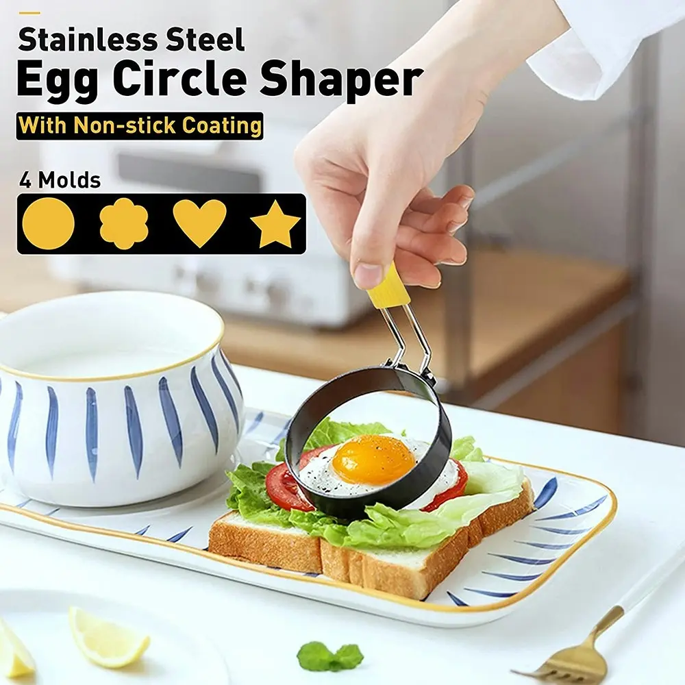 4 Pack Round Heart Star Flower Shaped Fried Egg Molds-black