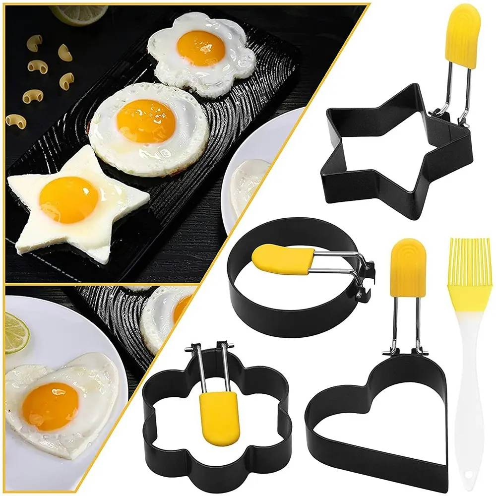 4 Pack Round Heart Star Flower Shaped Fried Egg Molds-black