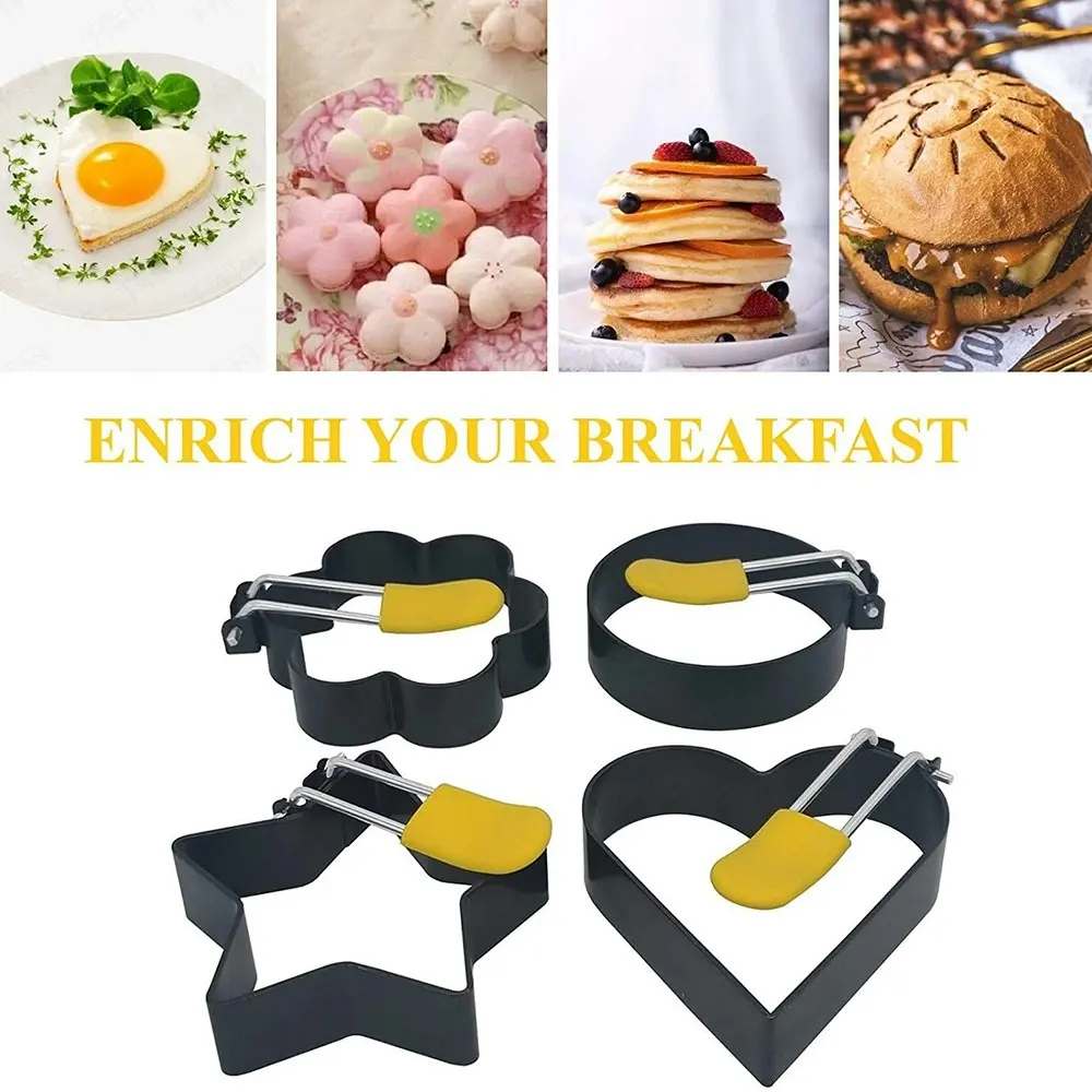 4 Pack Round Heart Star Flower Shaped Fried Egg Molds-black