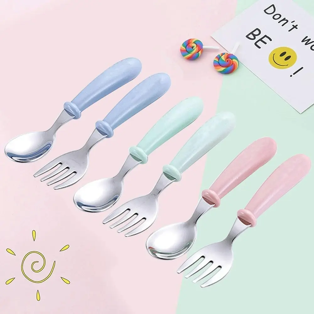 3 sets cute toddler utensils stainless steel fork and spoon(pink+blue+green)