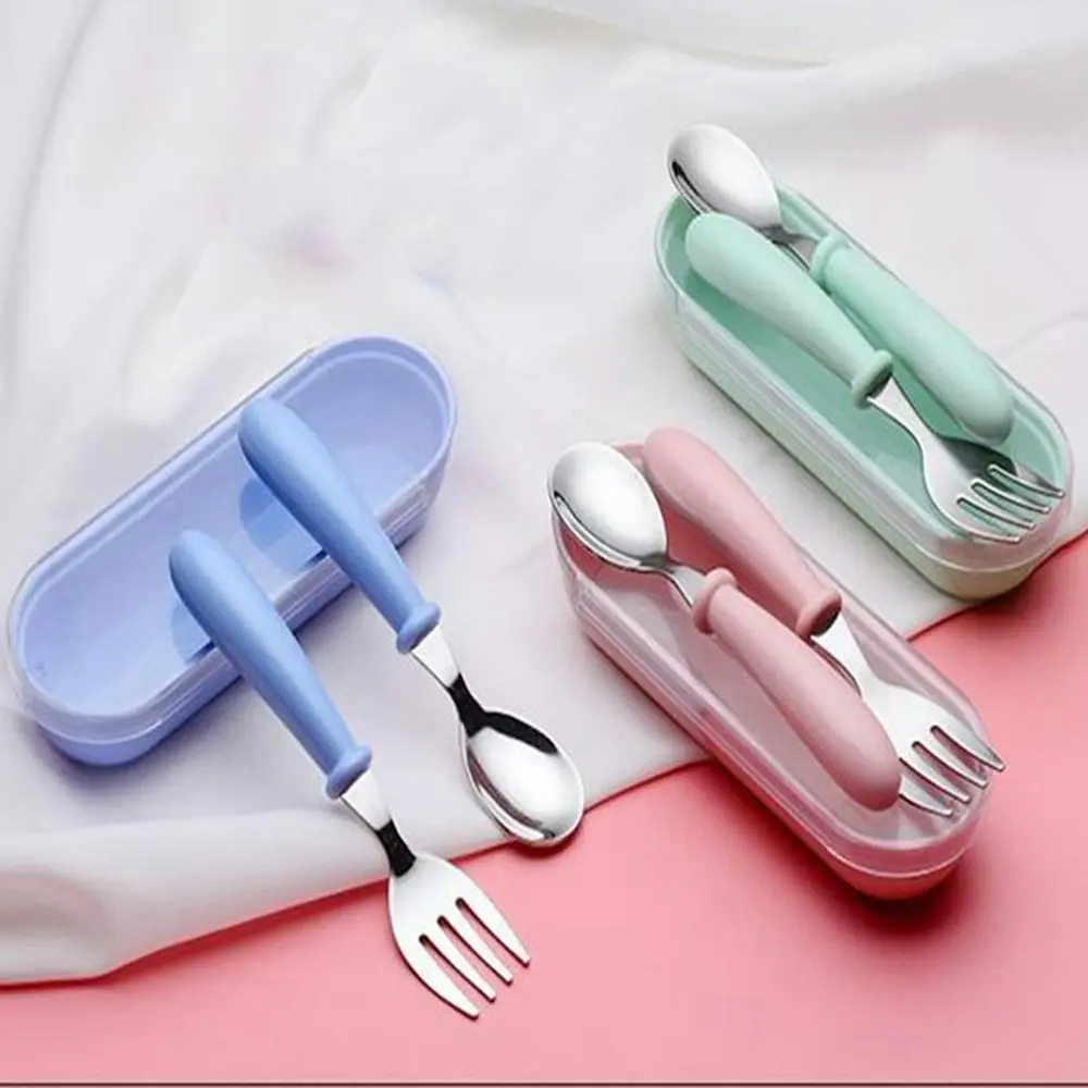 3 sets cute toddler utensils stainless steel fork and spoon(pink+blue+green)