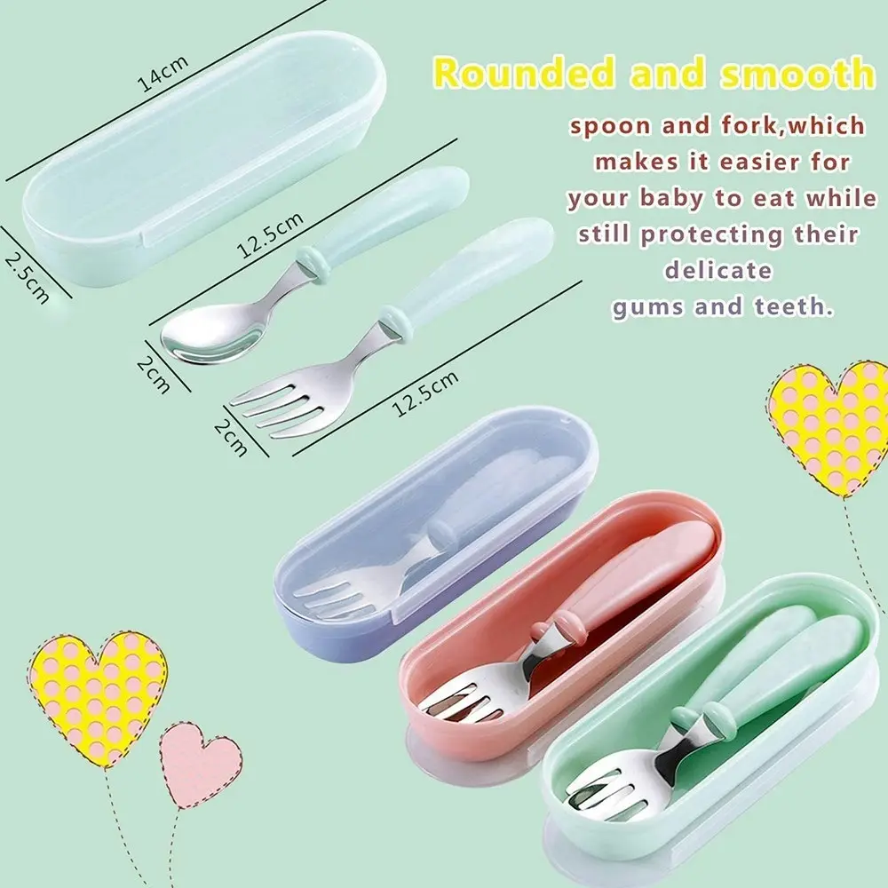 3 sets cute toddler utensils stainless steel fork and spoon(pink+blue+green)