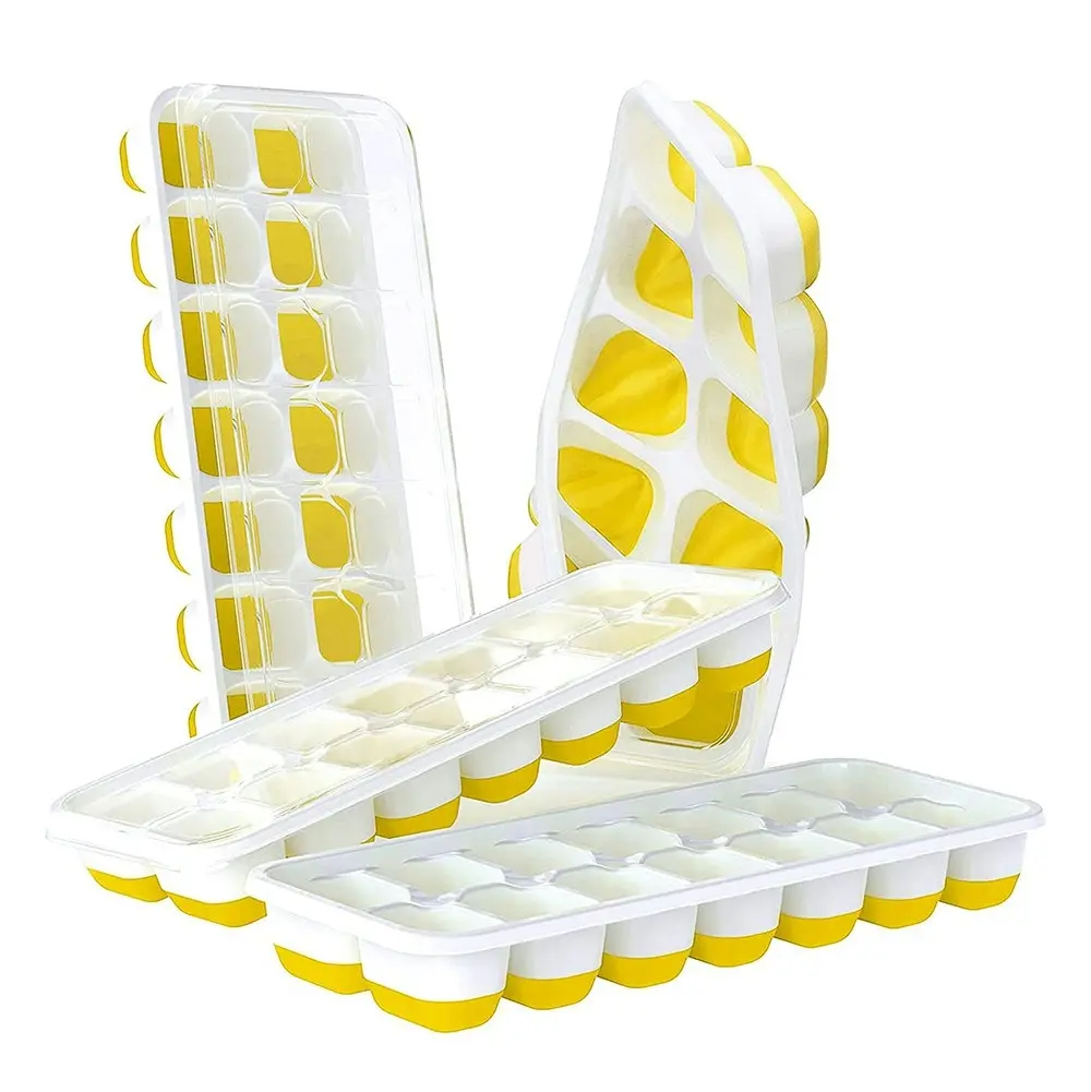 4 Pack Silicone & Flexible 14-Ice Cube Trays With Spill-Resistant Removable Lid