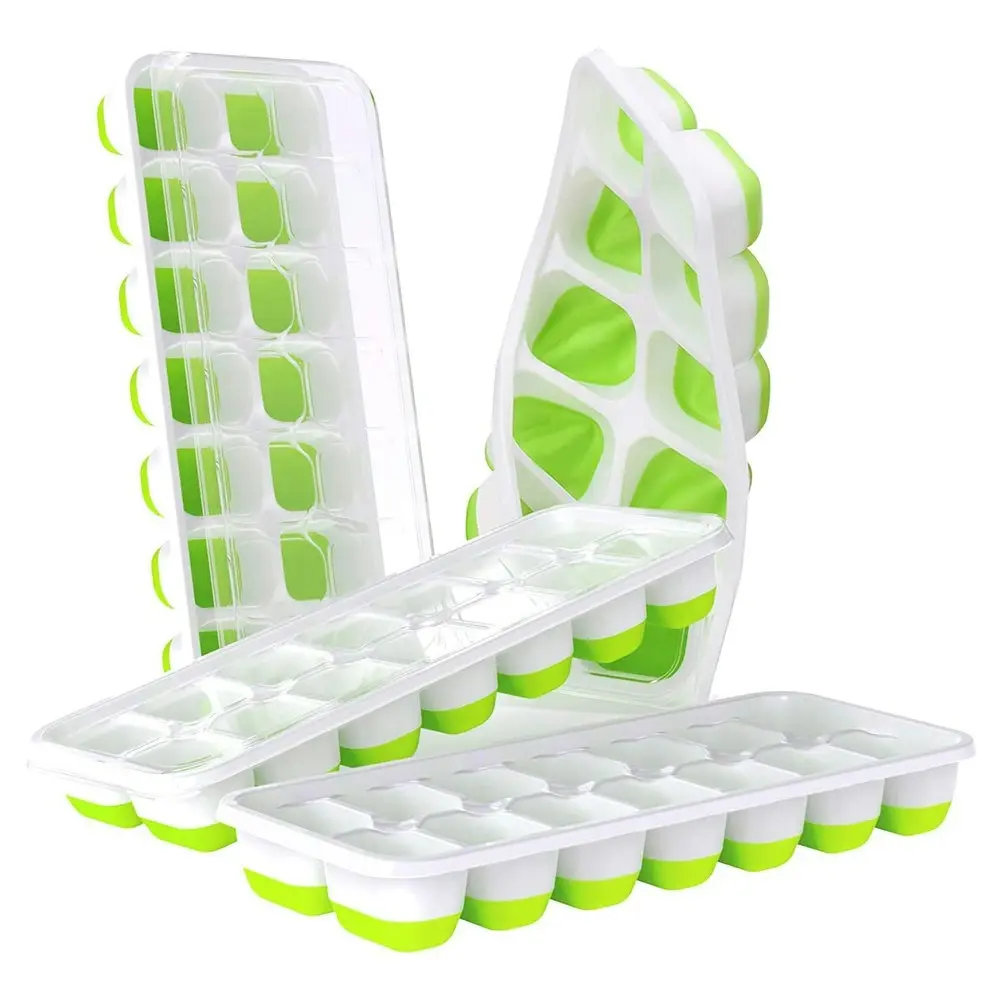 4 Pack Silicone & Flexible 14-Ice Cube Trays With Spill-Resistant Removable Lid