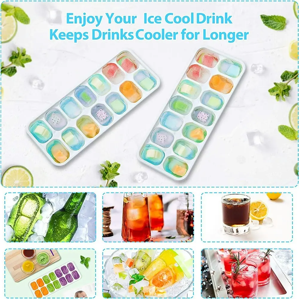 4 Pack Silicone & Flexible 14-Ice Cube Trays With Spill-Resistant Removable Lid