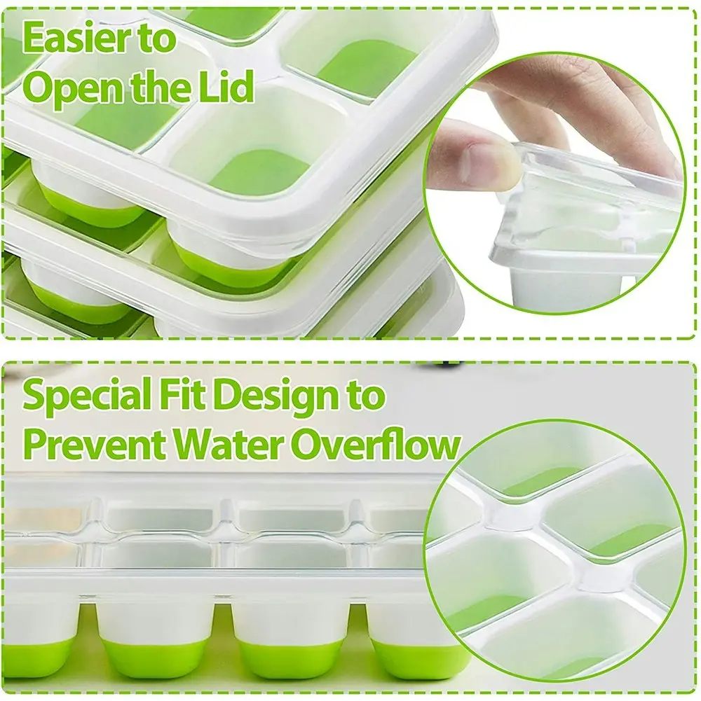 4 Pack Silicone & Flexible 14-Ice Cube Trays With Spill-Resistant Removable Lid