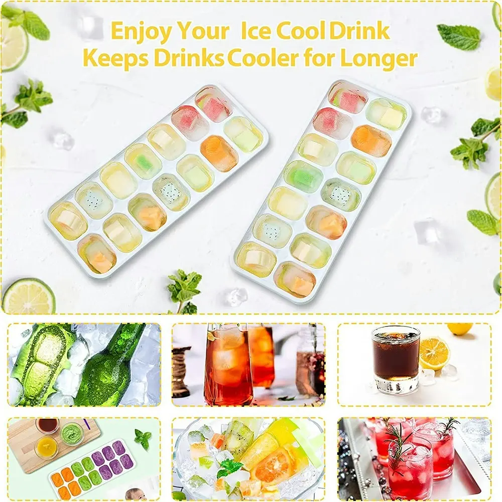 4 Pack Silicone & Flexible 14-Ice Cube Trays With Spill-Resistant Removable Lid