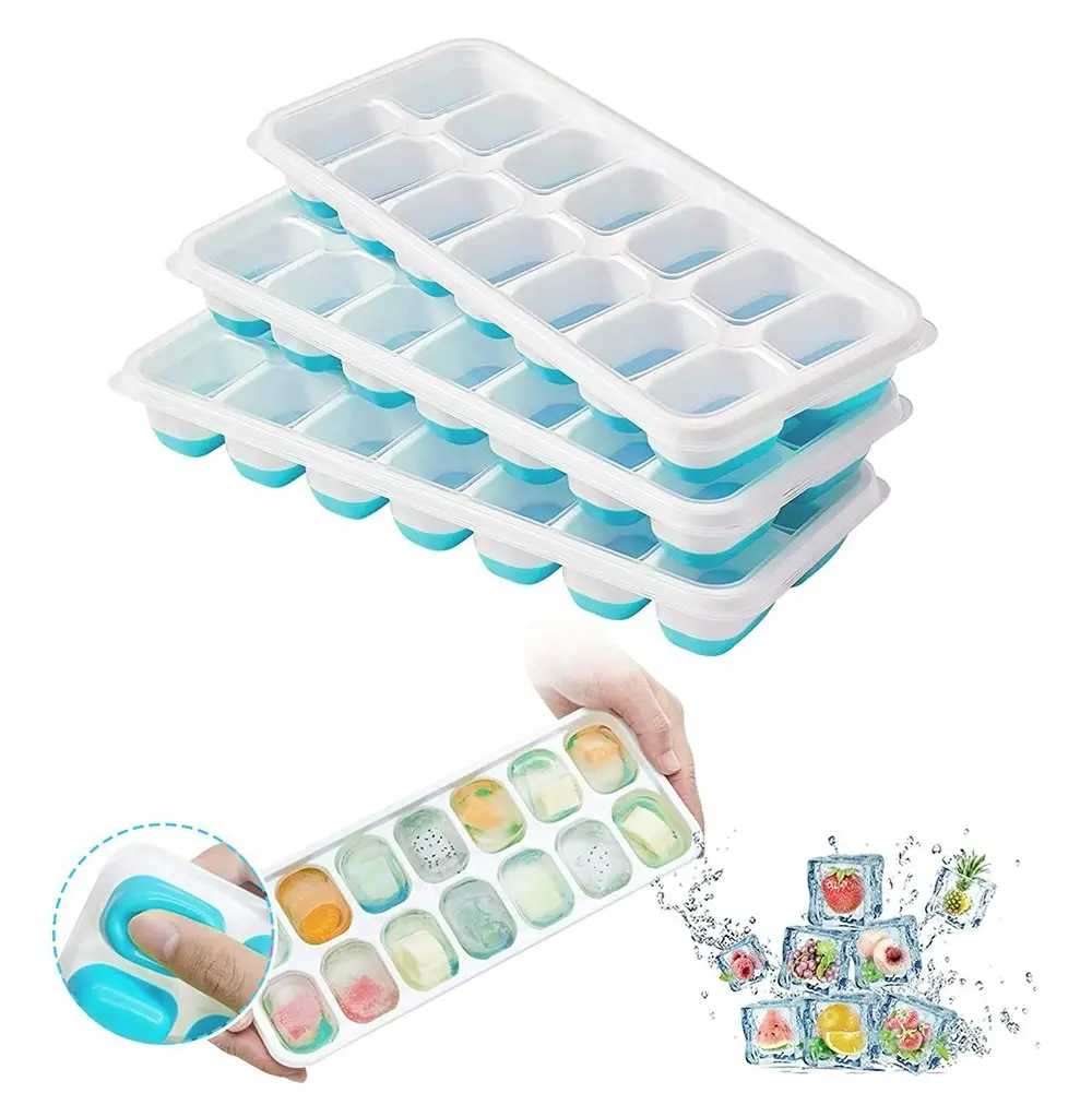 4 Pack Silicone & Flexible 14-Ice Cube Trays With Spill-Resistant Removable Lid