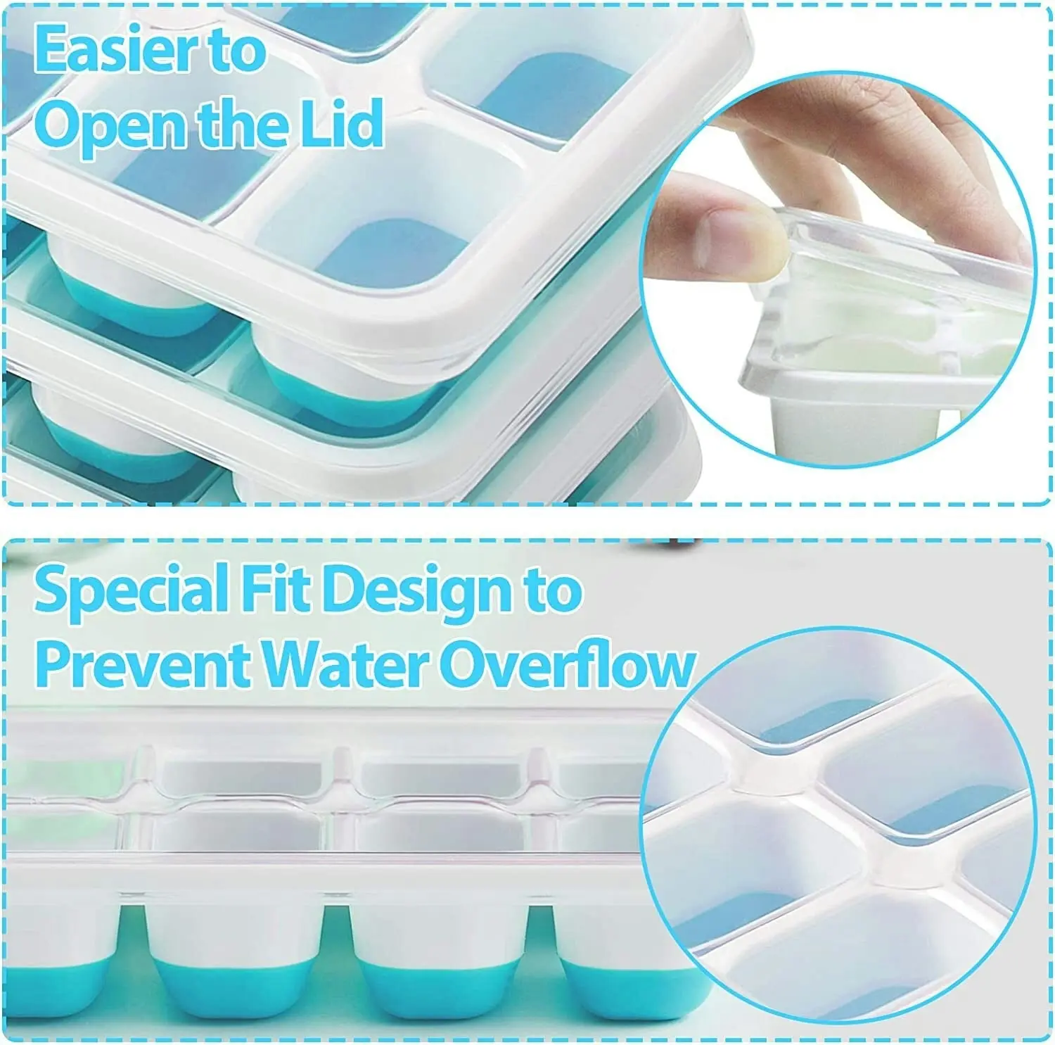 4 Pack Silicone & Flexible 14-Ice Cube Trays With Spill-Resistant Removable Lid