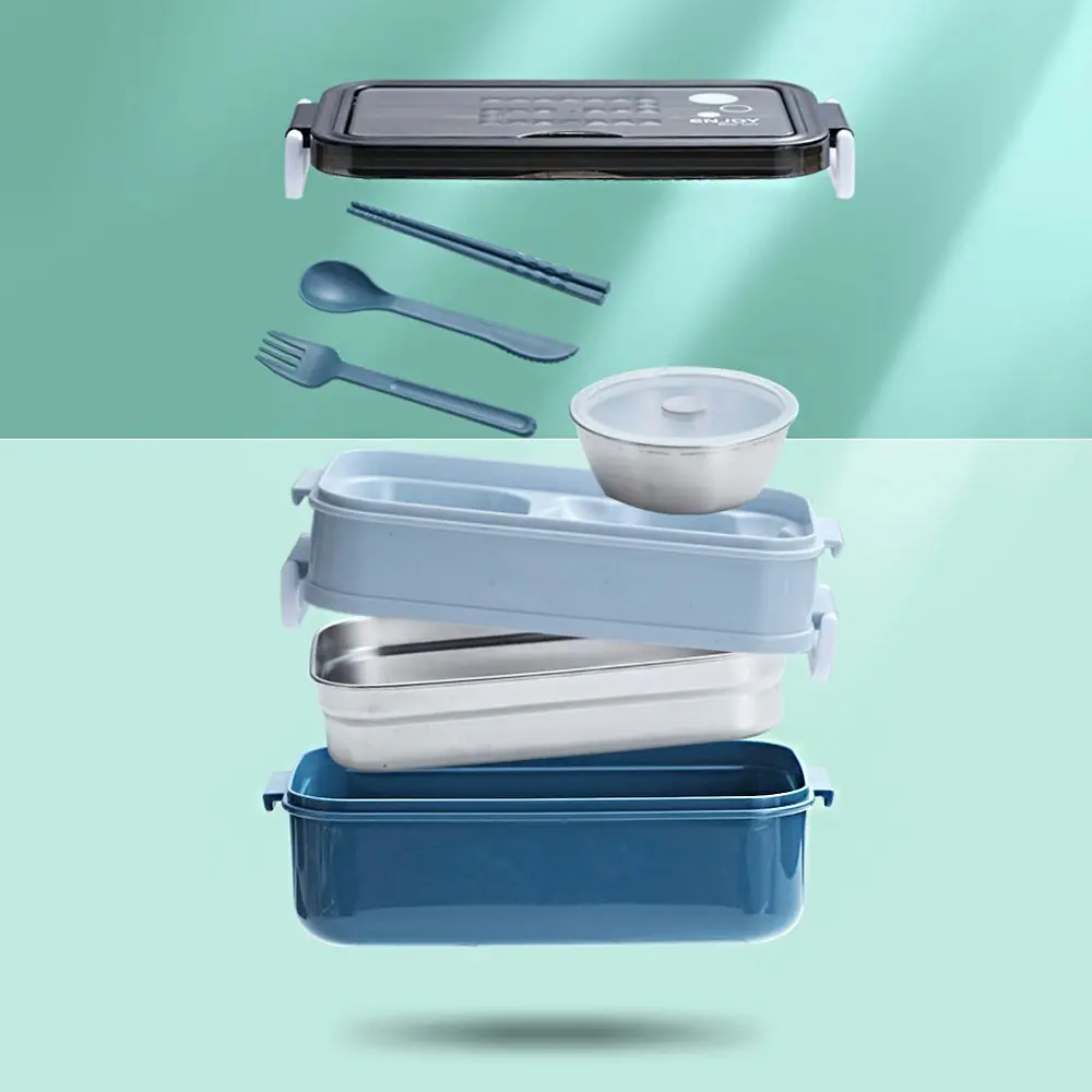 Stainless steel double-layer lunch box with cutlery