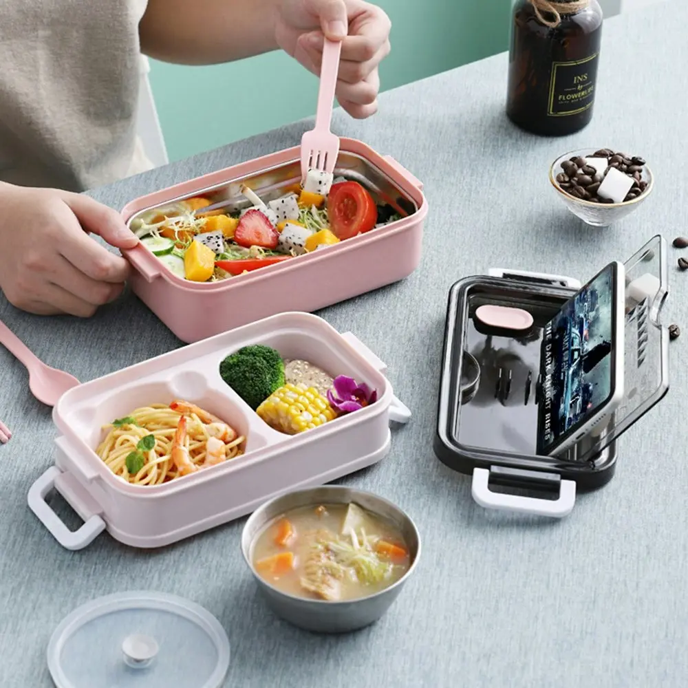 Stainless steel double-layer lunch box with cutlery