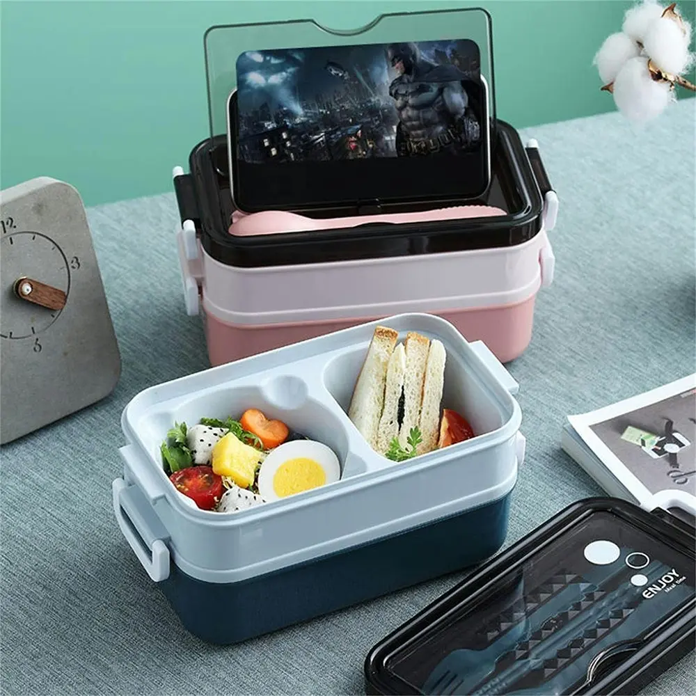 Stainless steel double-layer lunch box with cutlery