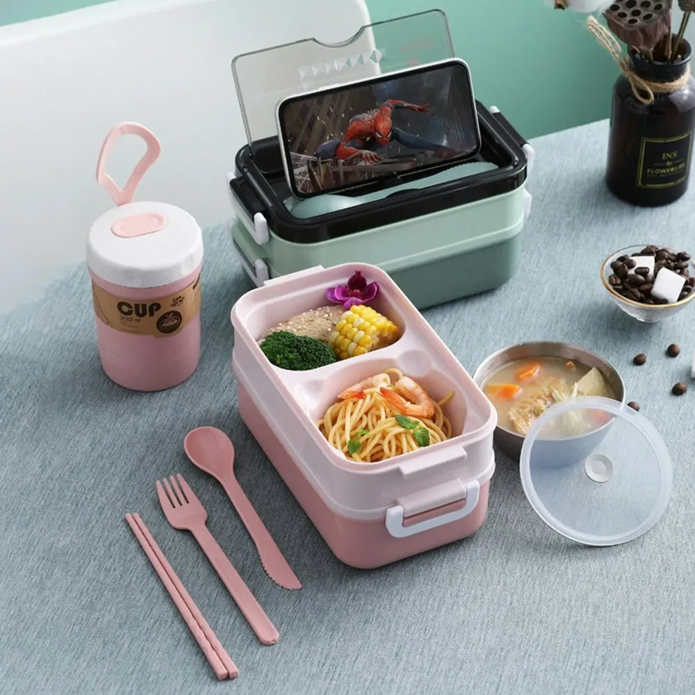 Stainless steel double-layer lunch box with cutlery