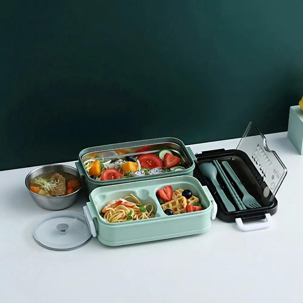 Stainless steel double-layer lunch box with cutlery