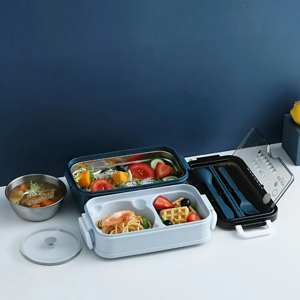 Stainless steel double-layer lunch box with cutlery