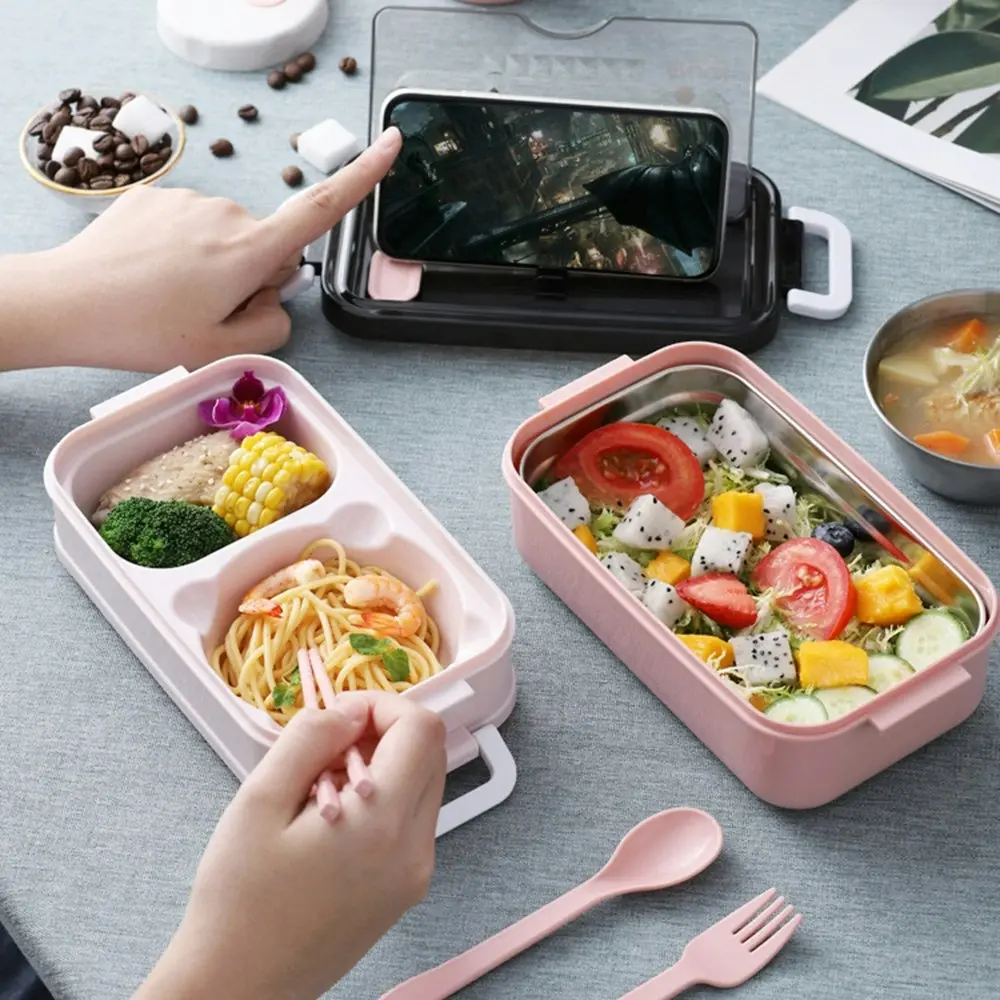 Stainless steel double-layer lunch box with cutlery