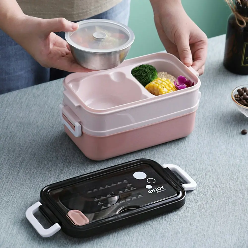 Stainless steel double-layer lunch box with cutlery