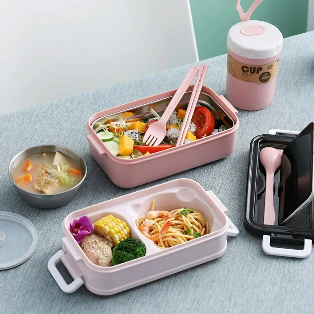 Stainless steel double-layer lunch box with cutlery