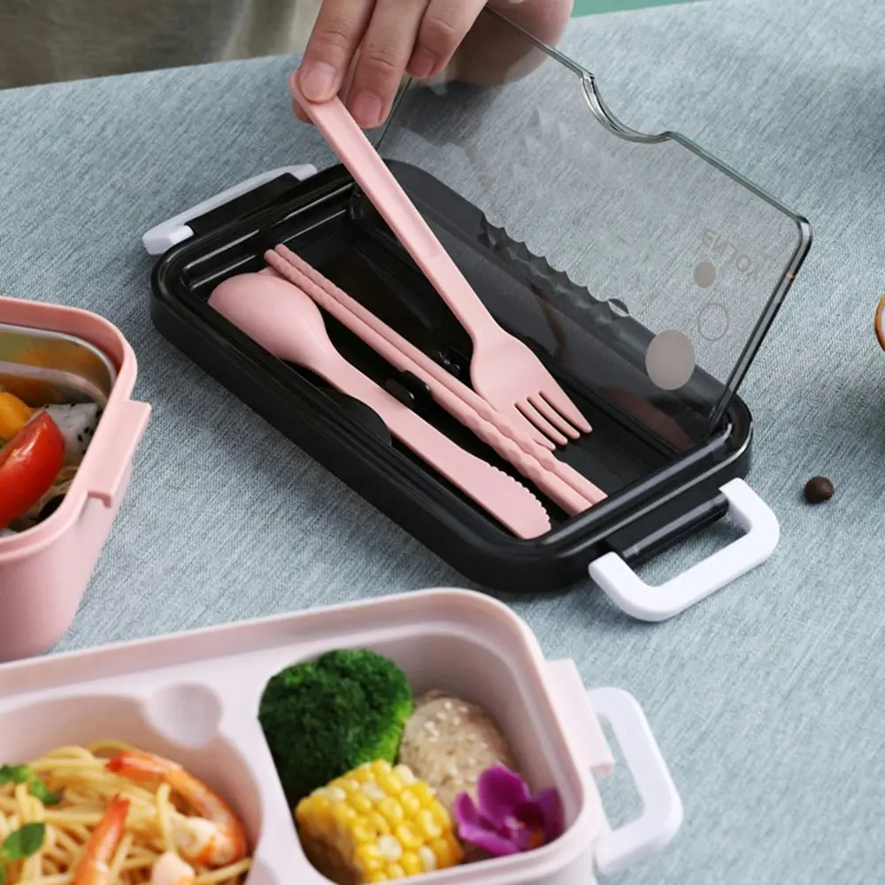 Stainless steel double-layer lunch box with cutlery