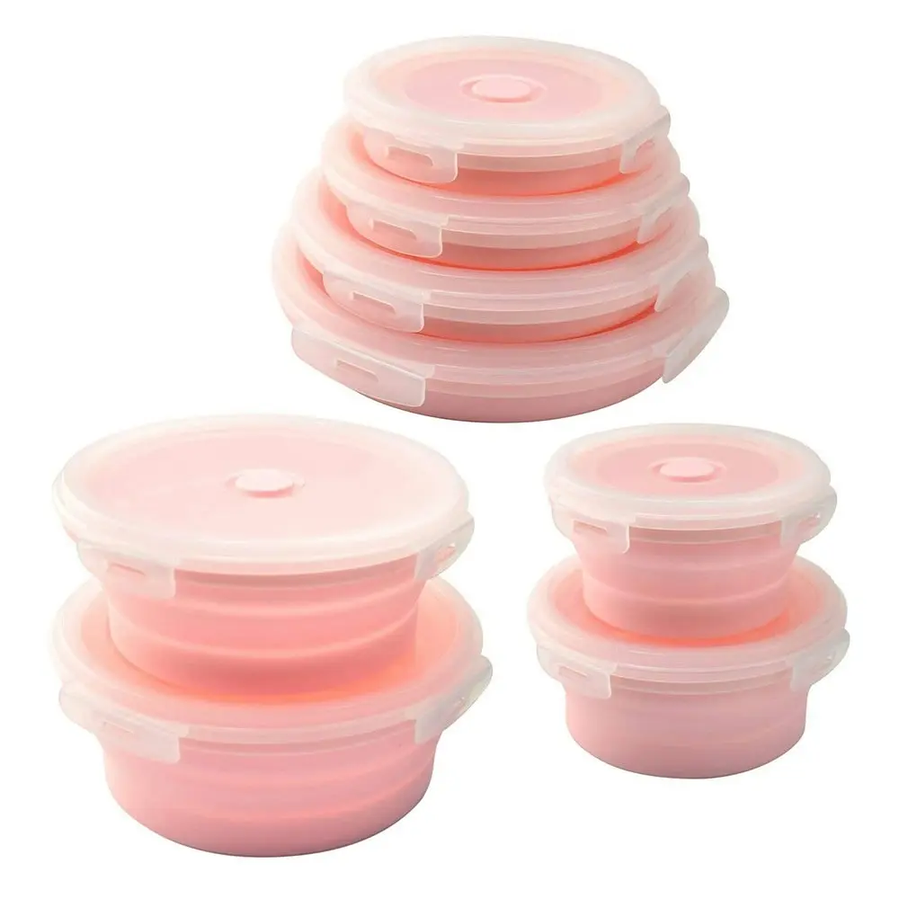 4 Pack round silicone portable folding lunch box with lid