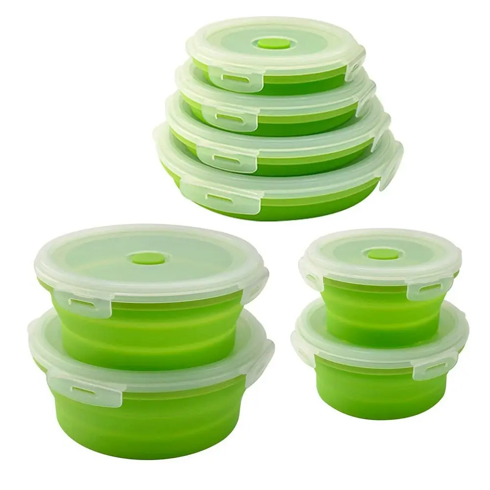 4 Pack round silicone portable folding lunch box with lid