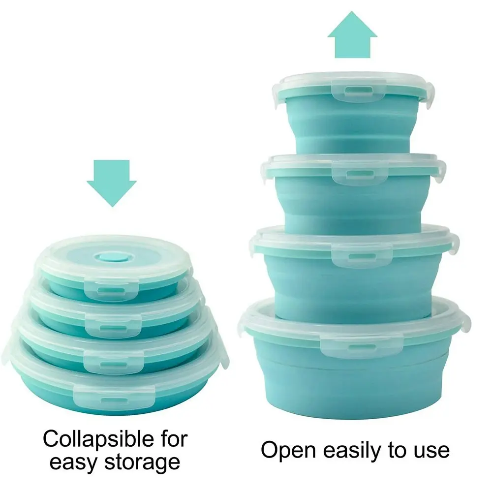 4 Pack round silicone portable folding lunch box with lid