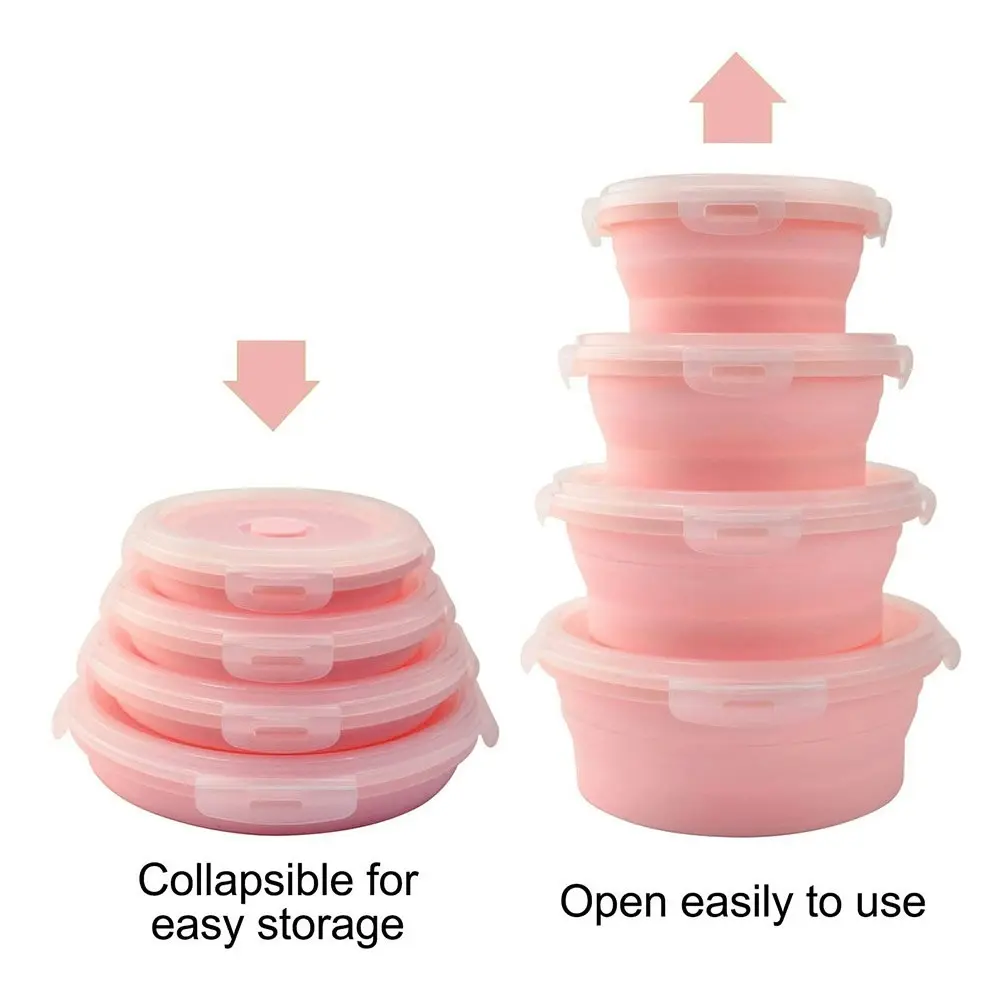 4 Pack round silicone portable folding lunch box with lid