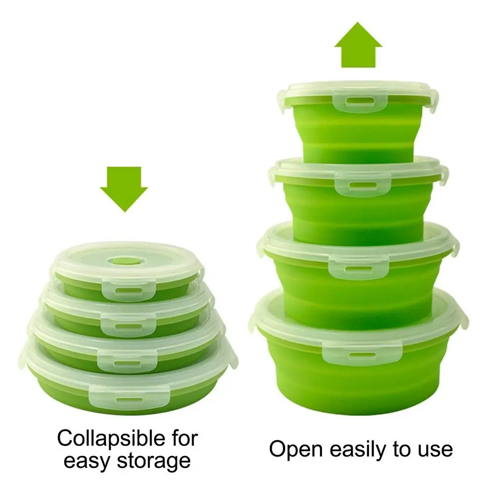 4 Pack round silicone portable folding lunch box with lid