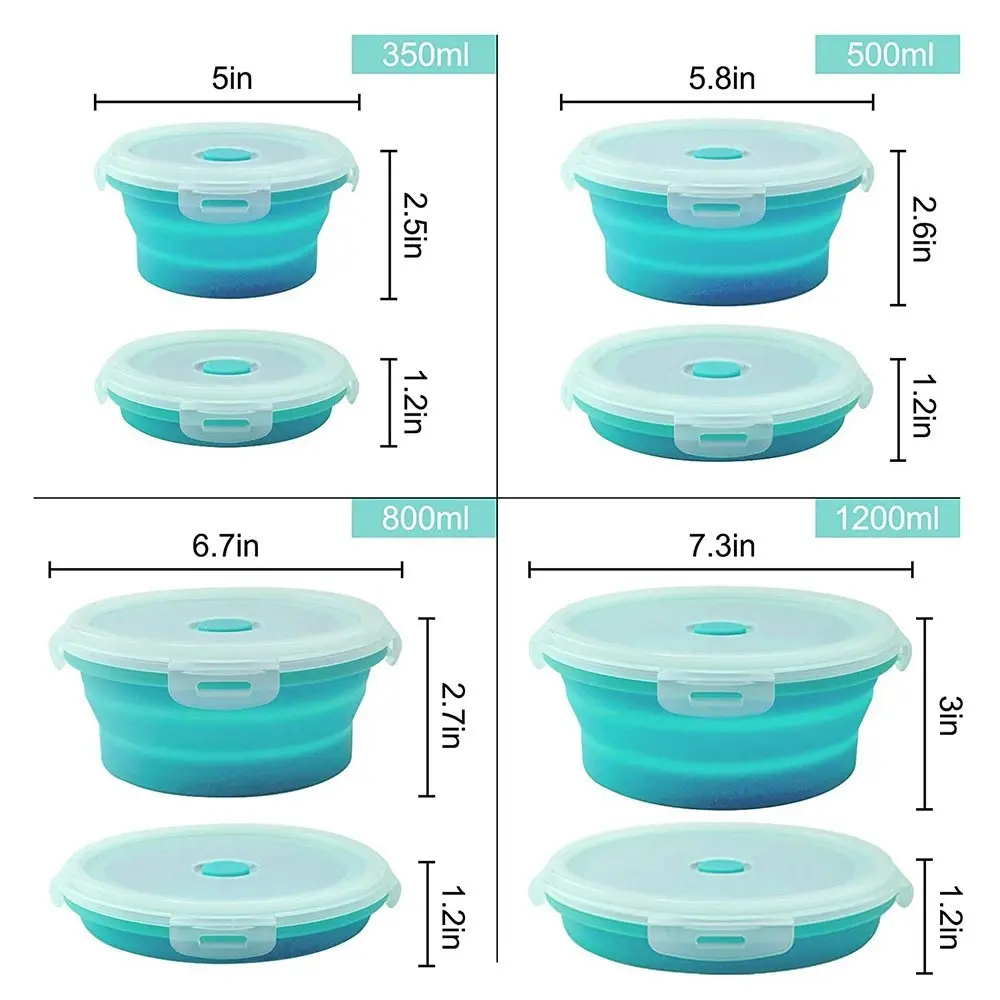 4 Pack round silicone portable folding lunch box with lid