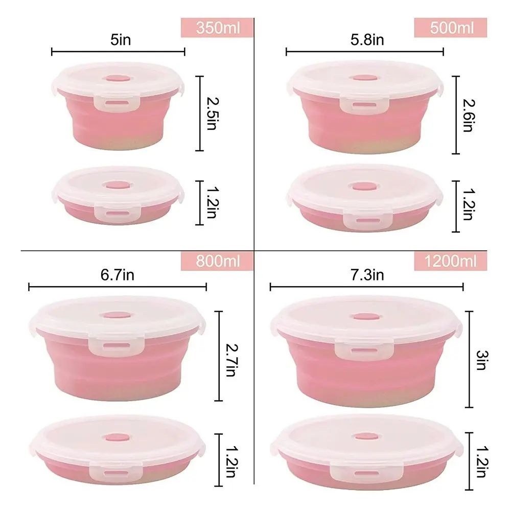 4 Pack round silicone portable folding lunch box with lid