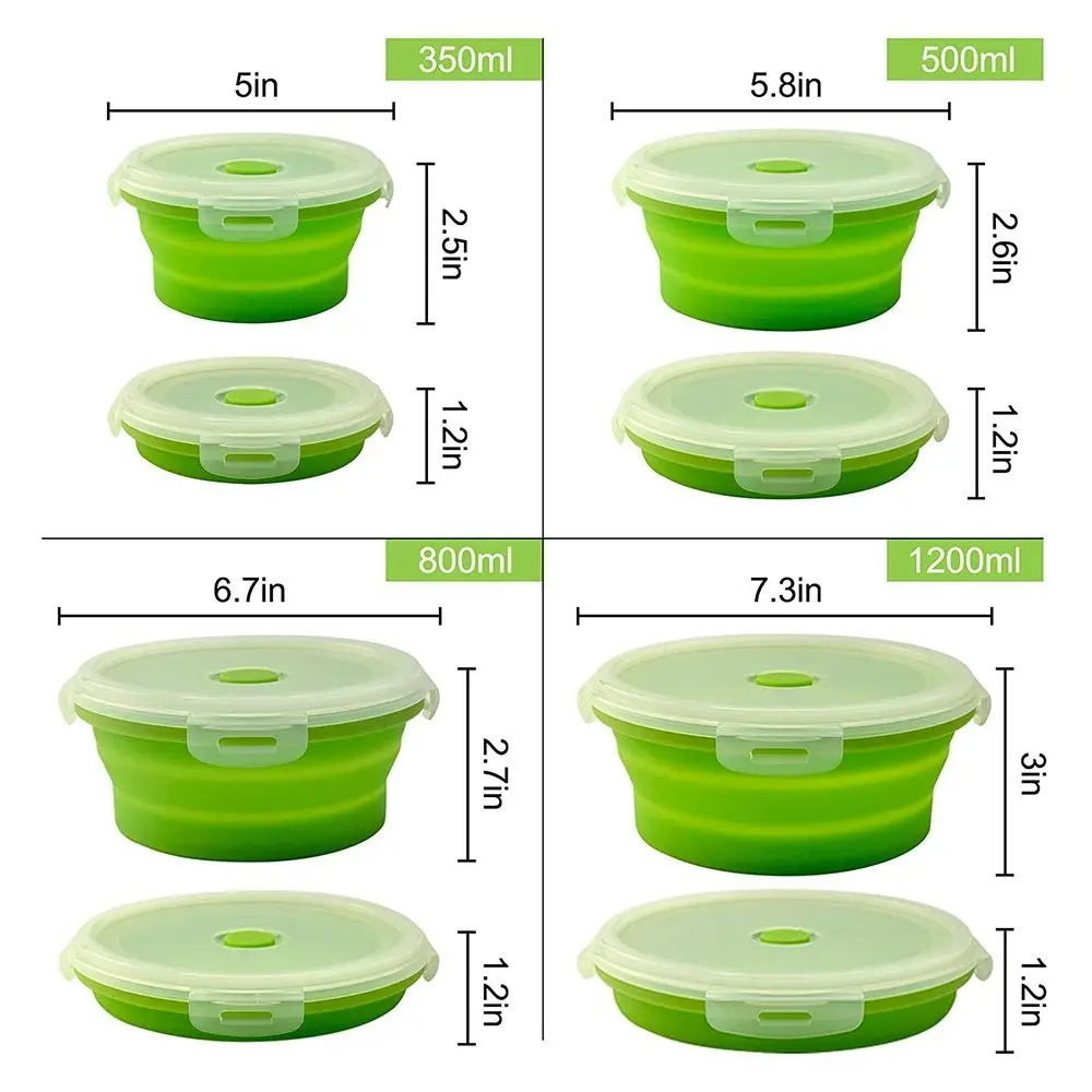 4 Pack round silicone portable folding lunch box with lid