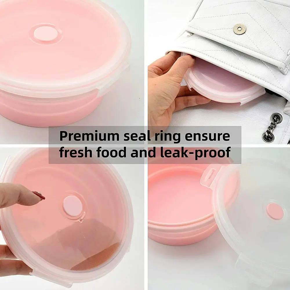 4 Pack round silicone portable folding lunch box with lid