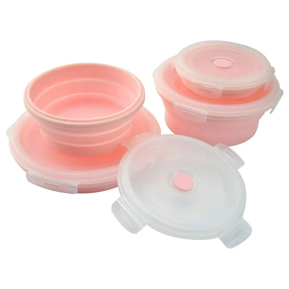 4 Pack round silicone portable folding lunch box with lid