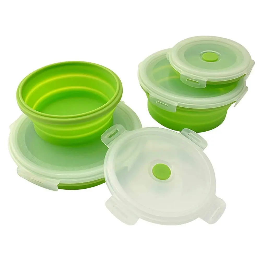 4 Pack round silicone portable folding lunch box with lid