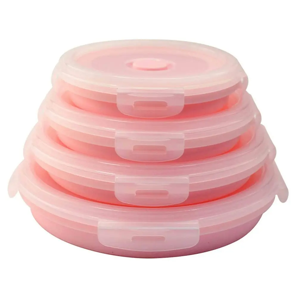 4 Pack round silicone portable folding lunch box with lid