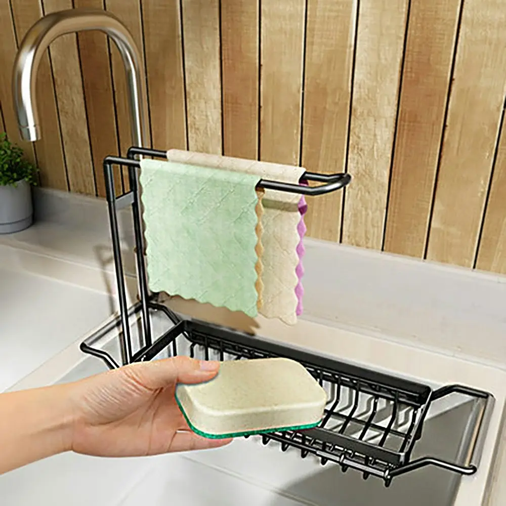 Stainless Steel Kitchen Sink Rack Telescopic Organizer Holder Drain Caddy Tray-Black