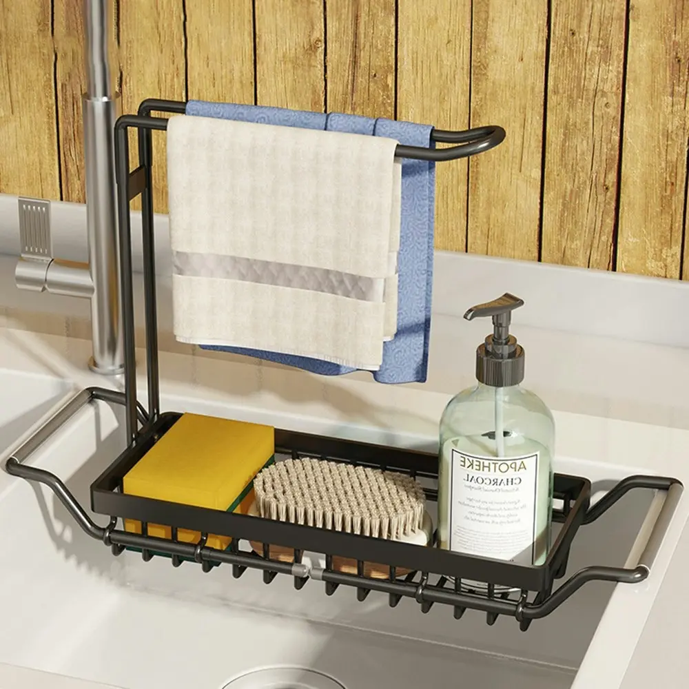 Stainless Steel Kitchen Sink Rack Telescopic Organizer Holder Drain Caddy Tray-Black