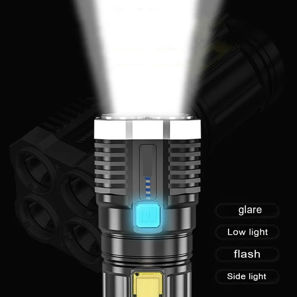 4 Core Super Bright Rechargeable Flashlight Spotlight Battery Display COB Light