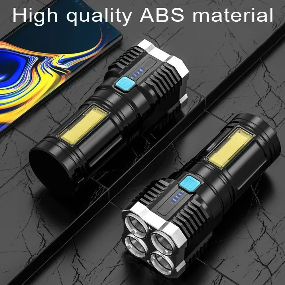 4 Core Super Bright Rechargeable Flashlight Spotlight Battery Display COB Light